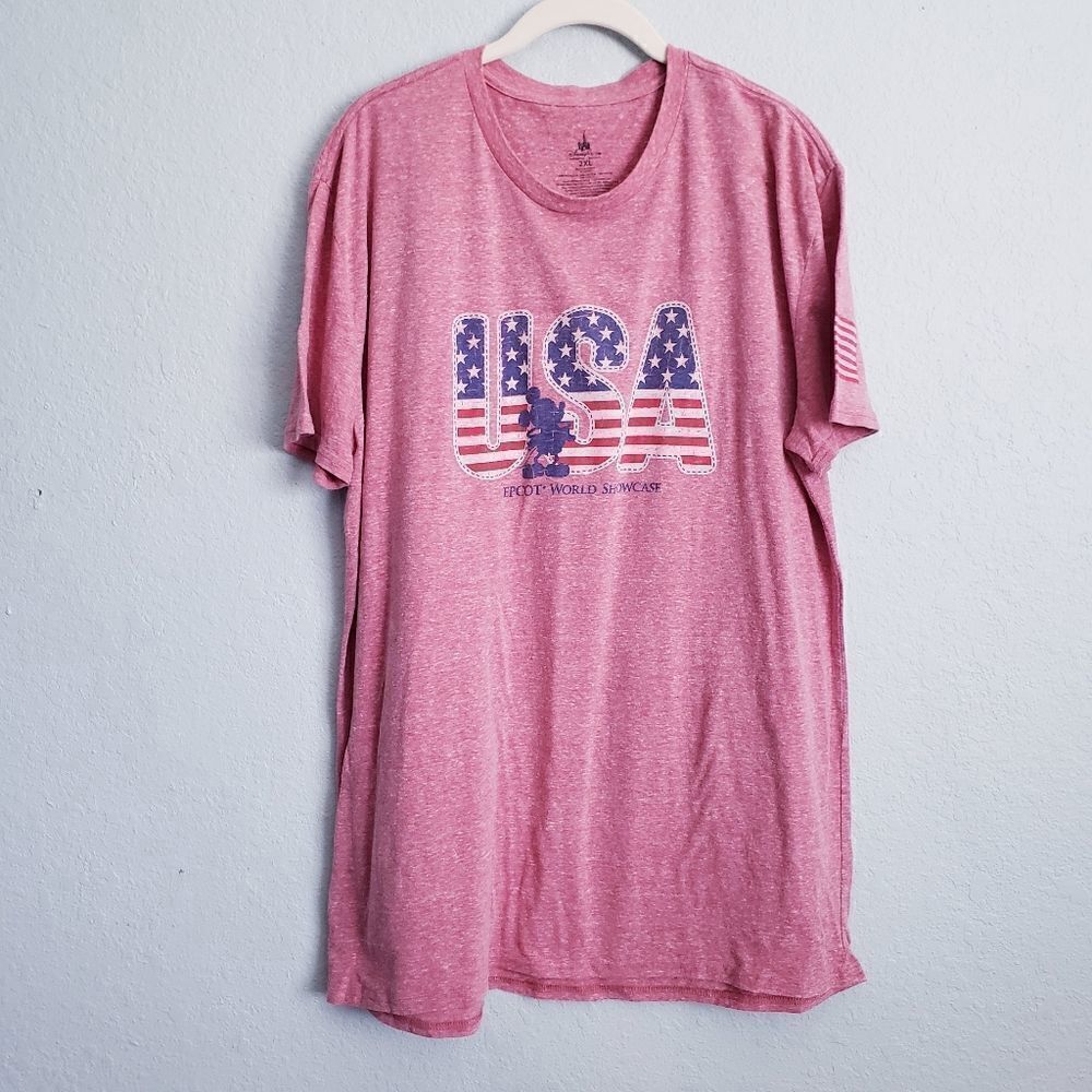 Disney Red Heathered Epcot World Showcase USA Flag Tee